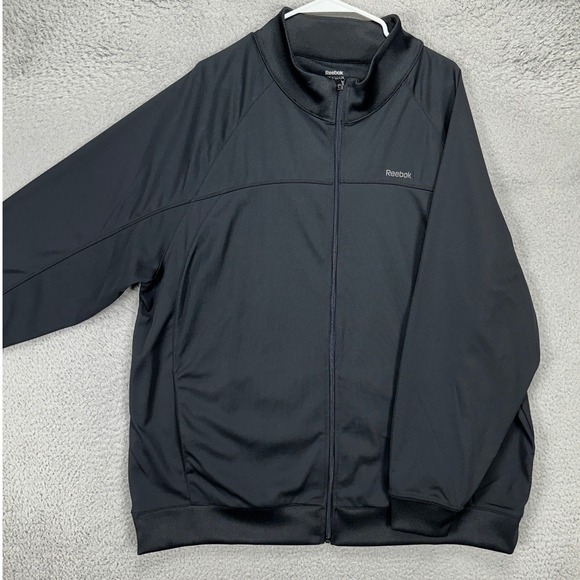 Reebok Play Dry Mens Full Zip Jacket 2XL Black Athletic Long Sleeve Pockets Logo - Picture 1 of 9